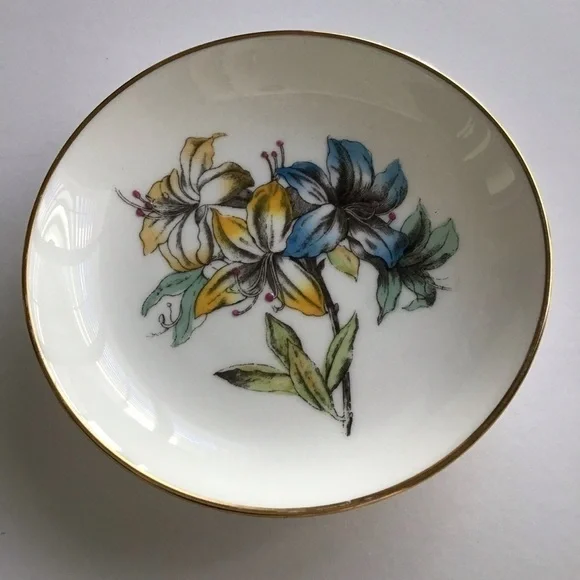 Minton English Bone China Tiger Lilly Trinket Dish Blue & Yellow Floral Vintage - Picture 7 of 10